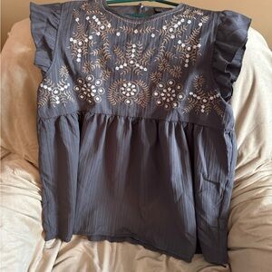 Embroidered Ruffle Sleeve Women's Top in Slate Gray